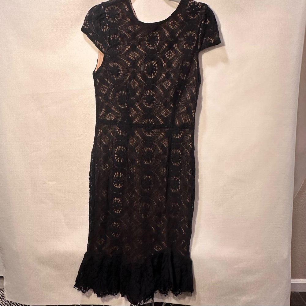 Betsey Johnson Black Lace Overlay Asymmetrical Midi Dress Pockets Size 10